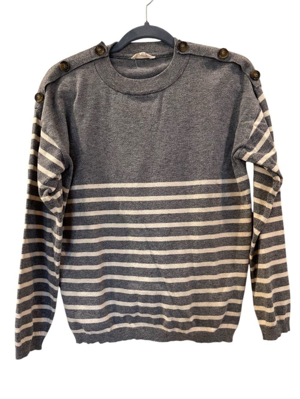 Promesa Women’s Gray & Cream Striped Pullover Sweater Shoulder Buttons Size: M/L